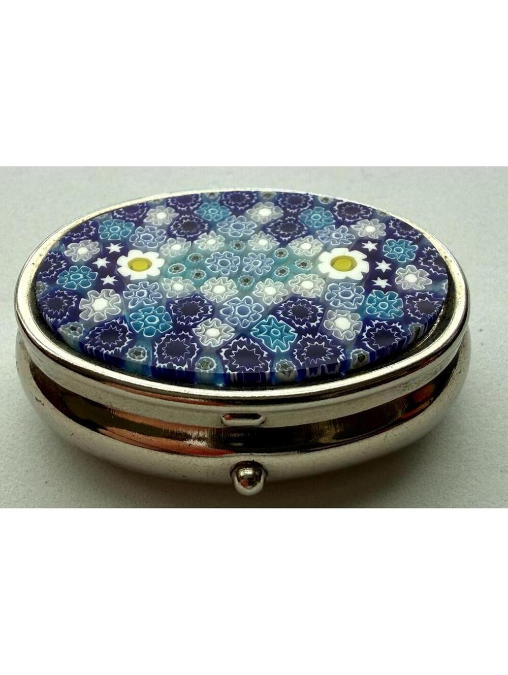 Vintage Millefiori Glass Pill Box Blue Floral Mosaic Trinket Box Murano Style